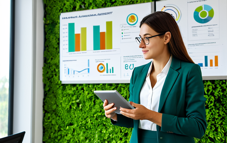 Environmental Professional**
"A young professional in a fully clothed, modest business casual outfit, standing confidently in a modern, eco-friendly office. Background features sustainable design elements like a green wall and natural light. She's holding a tablet displaying a graph related to LCA (Life Cycle Assessment). Safe for work, appropriate content, perfect anatomy, correct proportions, well-formed hands, professional, family-friendly."
**